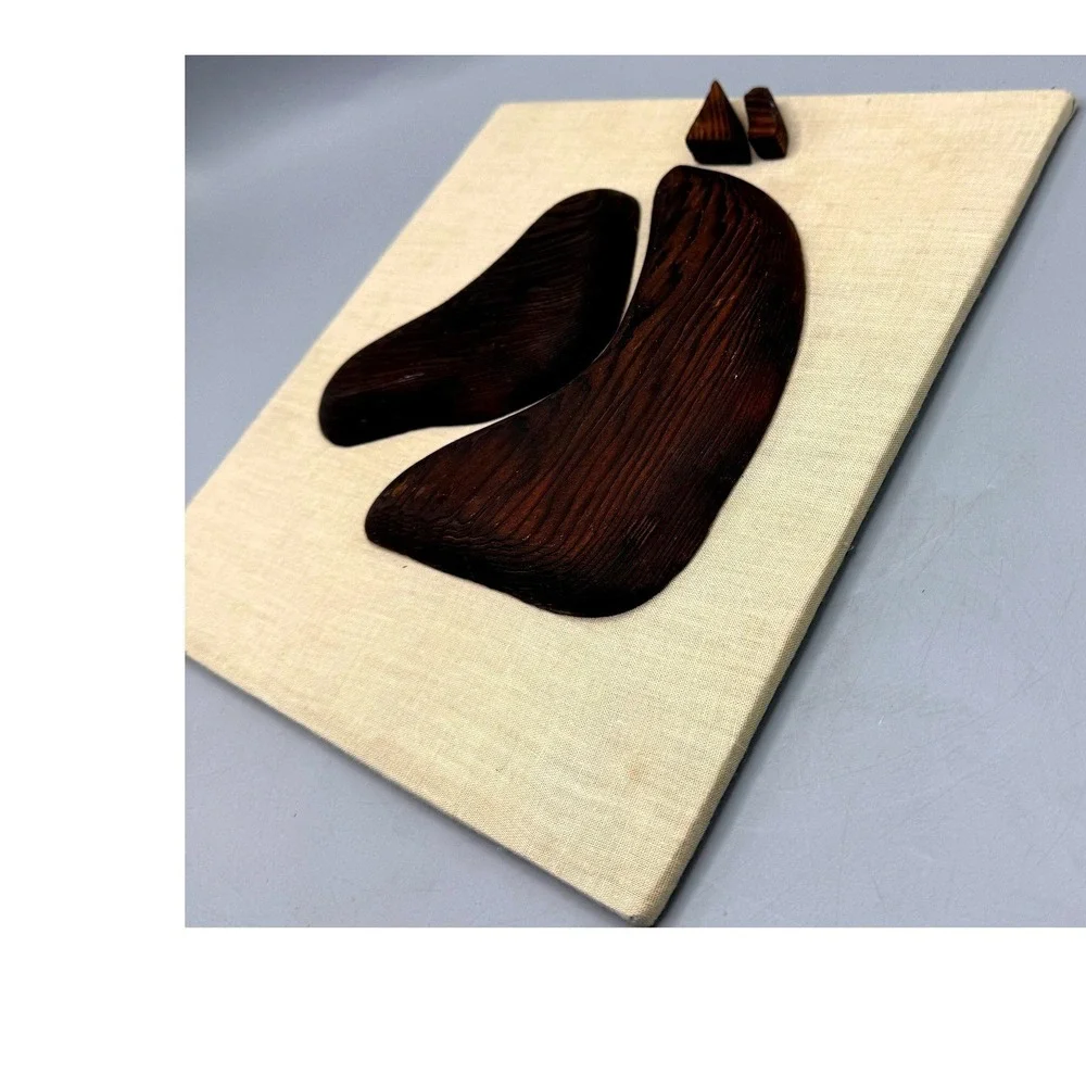 Vintage Mid Century Modern Abstract Wood Horse Head Wall Art Linen Board 9.5in